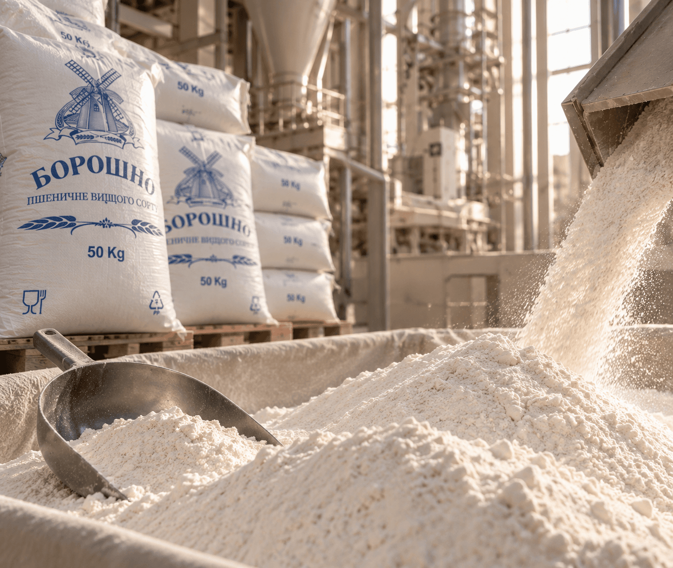 Sac de făină Bomi Agro Invest, în hala de producție